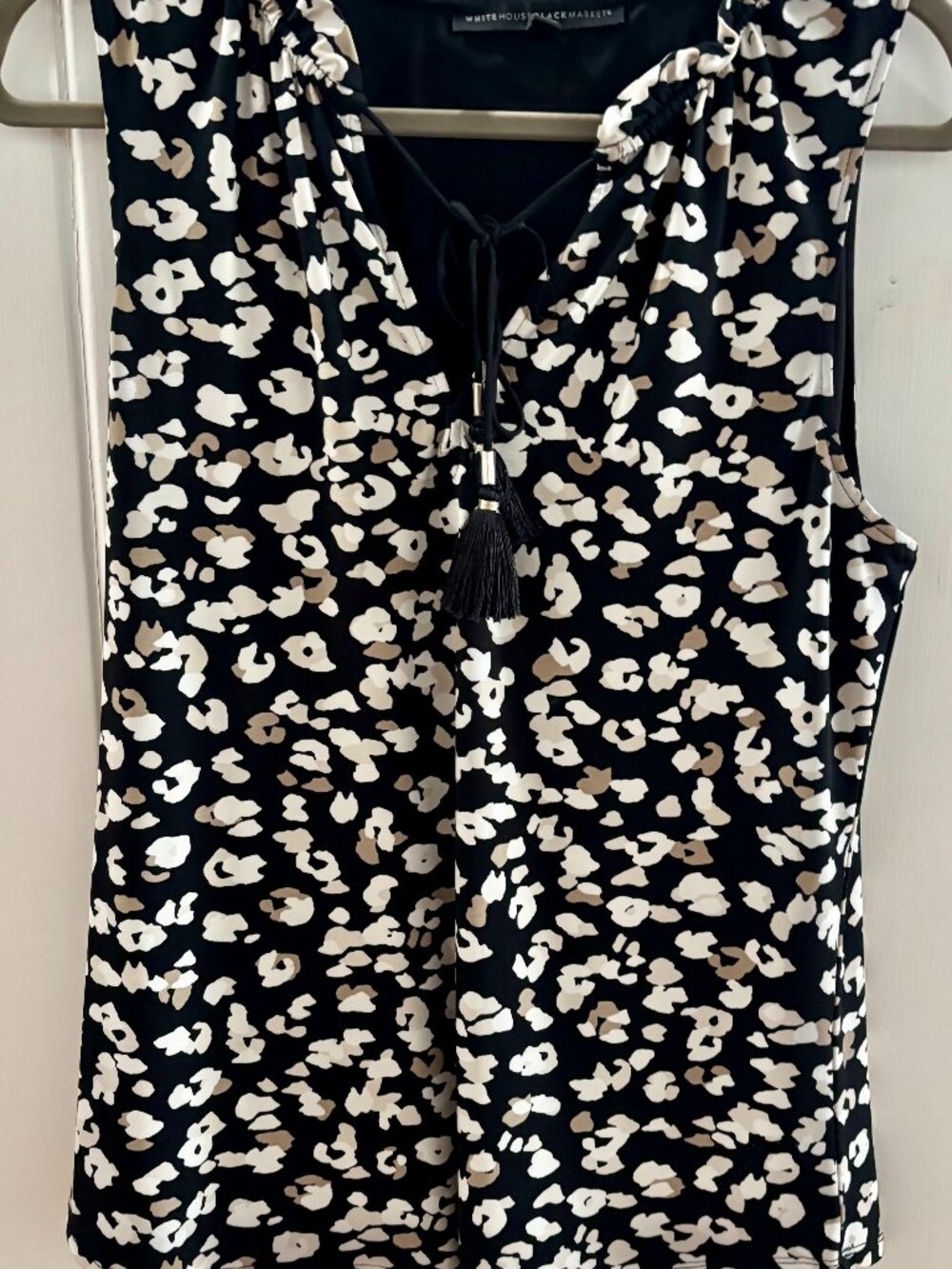 WHBM Black/White/Tan Sleeveless Blouse with Tassels - Like New - Size Medium